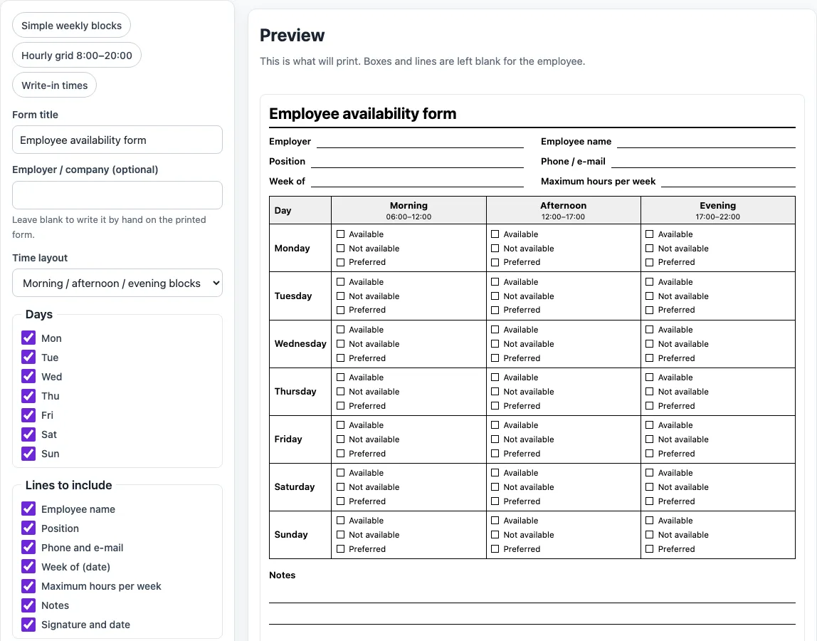 Employee availability form example