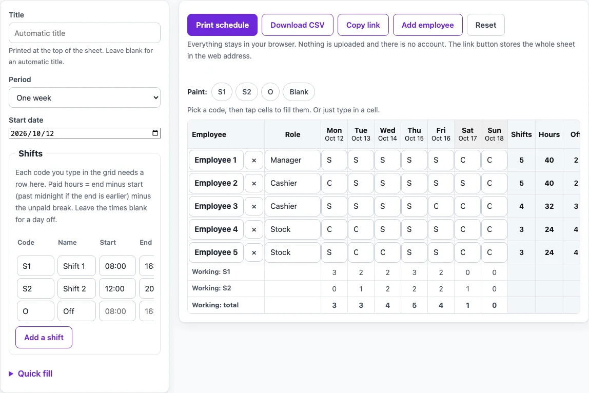 Employee schedule template example