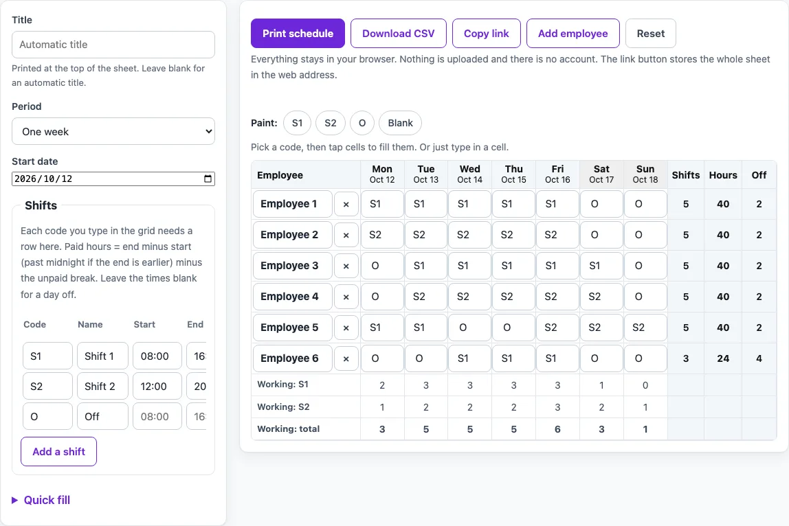 Weekly work schedule template example