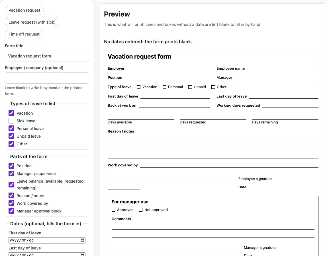 Vacation request form example