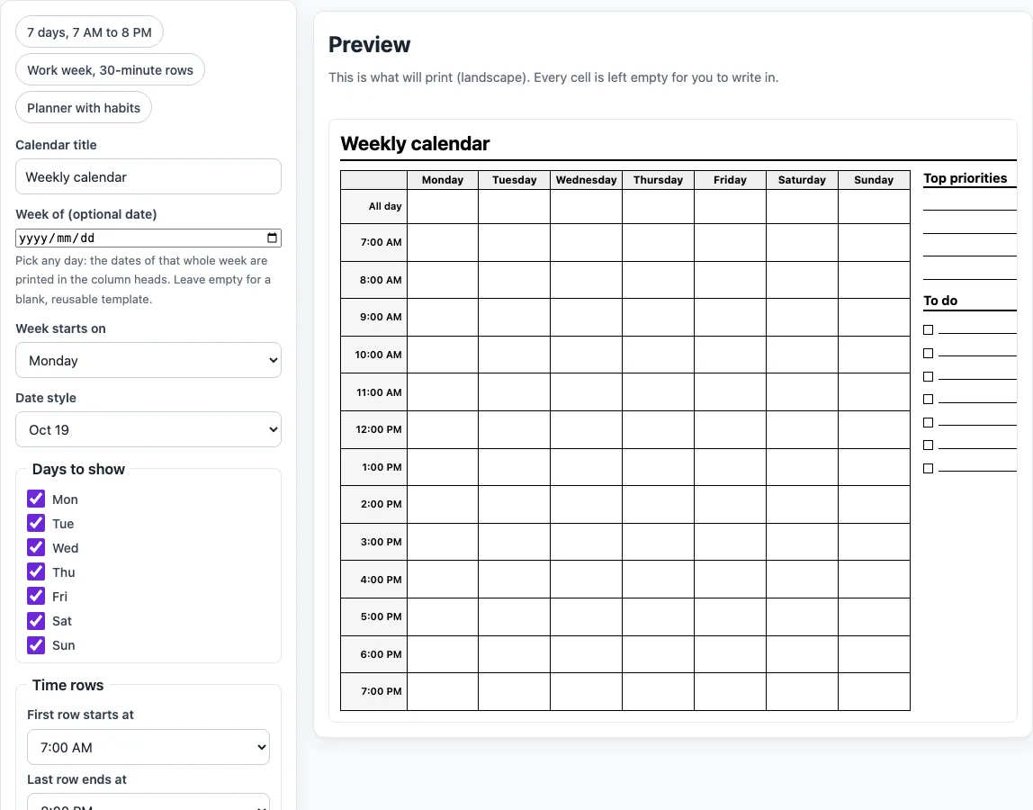 Weekly calendar template example