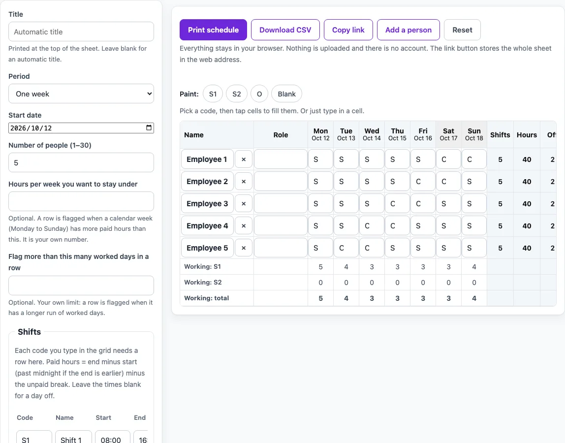 Work schedule maker example